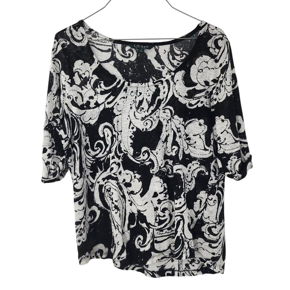 LAUREN RALPH LAUREN Linen Black and White Short Sleeve Top Womens Size Medium M